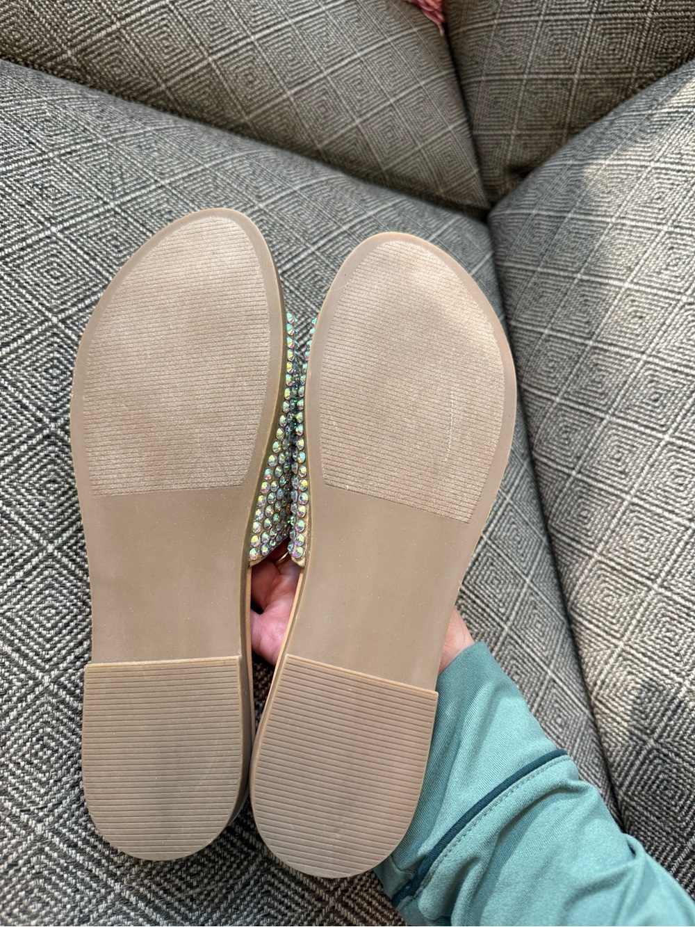 Steve Madden Tan Slide Sandals with Iridescent Crystal Straps - Picture 4 of 5